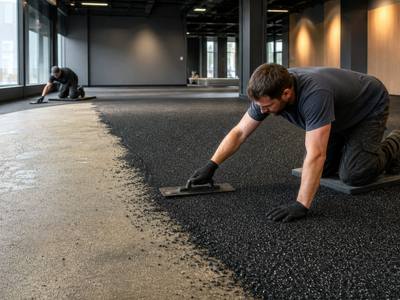 Black rubber gym floor being troweled