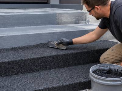 Front steps being covered in grey rubber