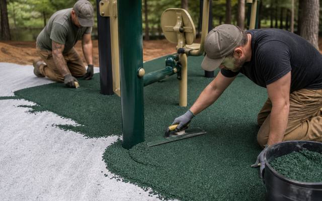 Green rubber surfacing being poured around outdoor fitness machines at a park.